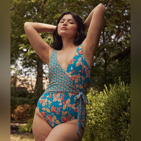 Summersalt X DVF Perfect Wrap Swimsuit Size 8L Terrace Pink Blue Floral